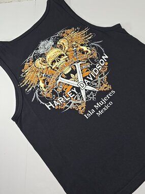 HARLEY-DAVIDSON Sleeveless Tank Top Men’s MED Black Skull Wings Isla Mujeres MEX